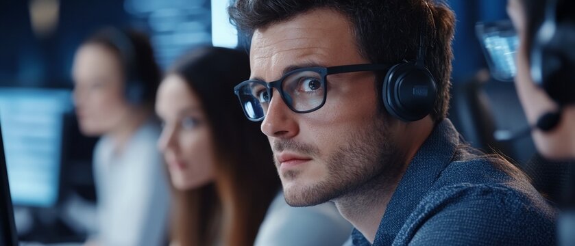 Focused support agent, office background