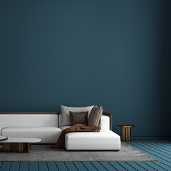 Home and decor and modern living room interior design and blue pattern wall background. 3D rendering. 