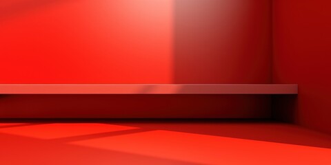 Obraz premium Bright Red Interior Wall with Shelf in a Corner of a Room Capturing Light and Shadow Play for Vibrant Design Elements and Modern Decor