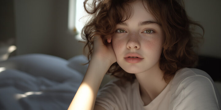 A young woman with thick, curly brown hair and warm brown eyes takes a selfie in her softly lit bedroom. 