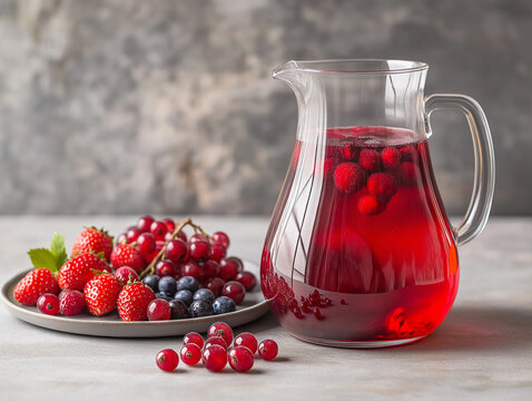 berry lemonade/juice in a glass with a drink pitcher next to it. next to the pitcher is a plate with berries, raspberries, currants, strawberries, and a free space on the side 