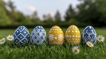 Decorated Easter Eggs in Grass with Flowers