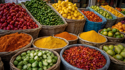 Vibrant Spice Market: A colorful array of fresh produce and vibrant spices fill woven baskets at a bustling market.  The scene is alive with the textures and hues of peppers, lemons, limes.