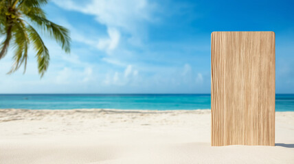 Fototapeta premium wooden board on sandy beach with tropical backdrop, featuring palm trees and clear blue sky. This serene setting evokes relaxation and tranquility