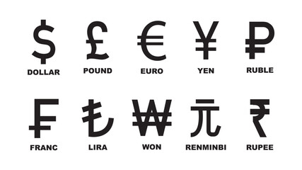 International currency sign symbol set include dollar pound sterling Euro Yen Ruble Franc Lira Won Yuan and Rupee for money transfer and investment forex exchange concept , Illustrator and EPS file.