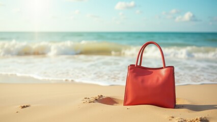 Handbag Mockup, Beach scene gentle waves in background handbag in sand photorealism.