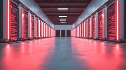 A futuristic data center corridor illuminated by red lights, showcasing rows of servers and a sleek, modern design.
