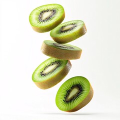 Sliced kiwi falling in mid-air, showcasing fresh green hues and intricate seed details, ideal for healthy food and fruit-themed designs