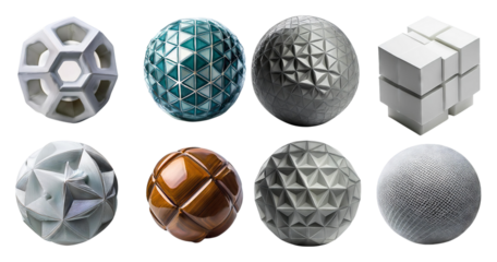 Diverse Collection of Geometric Shapes and Textured Spheres, isolated on transparent background