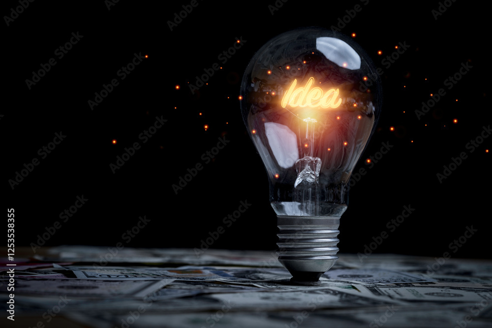 Poster glowing idea inside lightbulb on banknotes for creative thinking idea and problem solving solution c