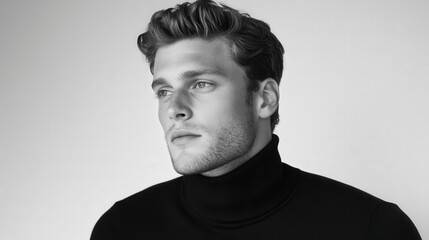 Fototapeta premium A moody black-and-white portrait of a stylish young man in a turtleneck, looking away from the camera