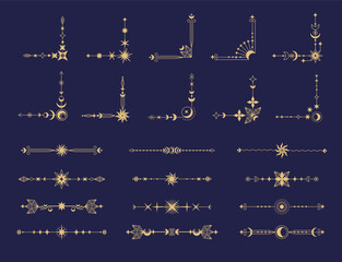 Magic frame corners. Tarot card abstract boho mystic decorative elements for card border, vintage witchcraft framing, astrology celestial constellation borders. Vector set