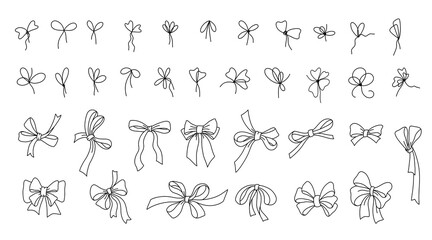 Line ribbon gift bow. Outline present minimal doodle ribboned black gift bows icons, simple ribboned outline decorative elements for gifting package. Vector set