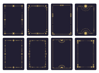 Tarot card frame. Geometric ornamental linear border with mystic astrological luxury elements, mystic esoteric design, astrology celestial luxury concept. Vector framing set