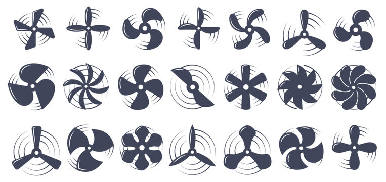 Propellers icons. Black wind turbine blades, airplane and boat engine rotor, electric ventilator and cooler, helicopter ship and aircraft equipment. Vector isolated set
