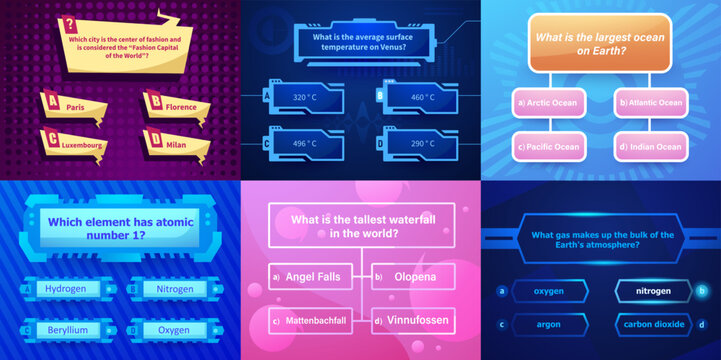Quiz interface. Trivia question UI layout quizzing answer screen for game, quizzes test and exam, multiple choice interface design. Vector modern quizzes layout frame set