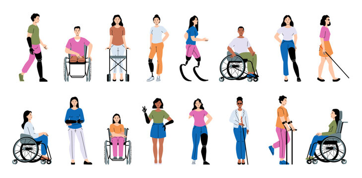 Diverse individuals with disabilities using wheelchairs, prosthetics, crutches and canes. Independence and adaptive lifestyles. Flat vector illustration
