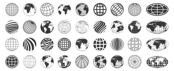 World globe icon. Abstract wireframe geometric planet earth logo, linear global worldwide network symbol, modern round web sign. Vector globe collection