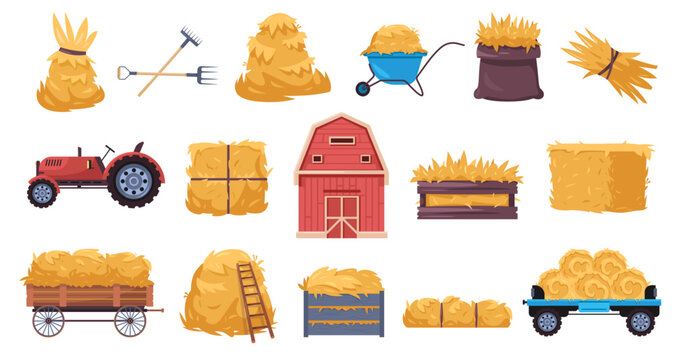 Hay harvest set. Farm dry grass straw pile, rural fodder bale wheelbarrow barn, flat countryside agriculture hay elements. Vector isolated haystack collection