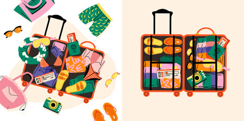 Suitcase with clothes. Cartoon open travel bag with packed things, travel luggage with organized clothes and accessories for road trip. Vector flat suitcase illustration