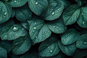 Fototapeta premium Lush Green Leaves with Water Droplets: Nature Refreshing Canvas for Tranquility and Rejuvenation