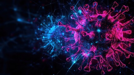 Abstract representation of a virus infiltrating a network, neon-colored data streams, glitch effects, and cyber attack warnings, isolated on dark background, copy space for digital security concept. 