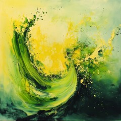 Vibrant green and yellow abstract artwork depicting dynamic movement and energy in an expressive style. Generative AI