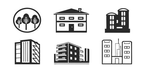 Building Icon Vector Set – Apartment, Skyscraper, and Architecture Symbols