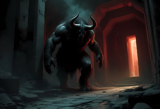Minatotaur in Ancient Ruins: A Digital Painting of a fearsome Minotaur standing in a dimly lit ancient ruin, with a fiery doorway in the background.