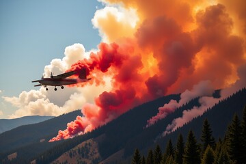 Air tanker battling wildfire dropping fire retardant over mountainous terrain