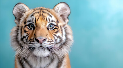 Fototapeta premium Close-up portrait of a cute tiger cub looking directly forward against a solid light blue background.