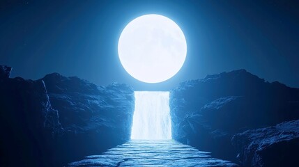 Moonlit Cascade, silver streams cascade over rugged cliffs, illuminated by an ethereal glow, under a star-studded night sky, creating a serene and magical atmosphere.