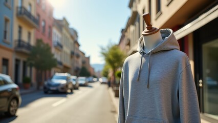 Obraz premium Hoodie Mockup on Model, Urban street clear buildings photorealistic mannequin with hoodie in foreground.