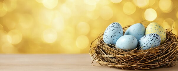Obraz premium Easter Eggs In Nest On Golden Bokeh Background