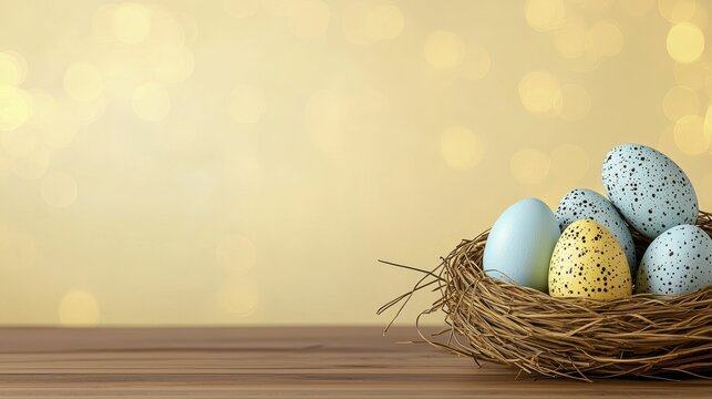Easter Eggs in Nest on Wooden Table