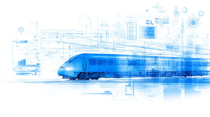 High-Speed Innovation: A sleek, blue high-speed train races forward, its powerful design a symbol of progress and technological advancement. Surrounding it, abstract icons representing data.
