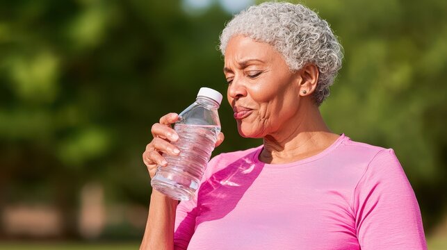 Health and Life Span Concept, Senior Woman Enjoying Refreshing Water Outdoors to Stay Hydrated on a Sunny Day