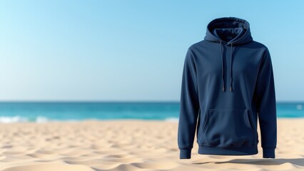 Hoodie Mockup with Hood Up, Beach scene with clear ocean