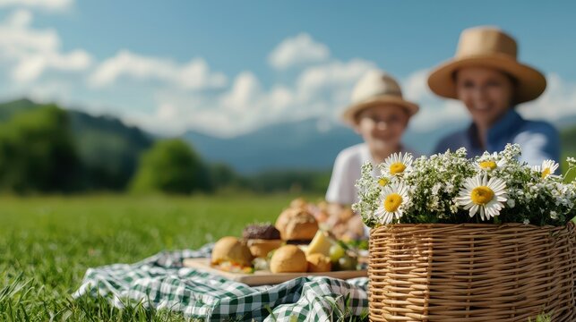 Health and Life Span Concept, Young Family Enjoying a Picnic Outdoors with Delicious Food and Beautiful Flowers in a Scenic Landscape