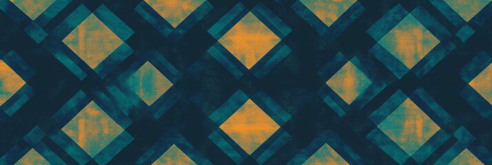 Complex geometric design featuring seamless squares and diamonds in blue and yellow