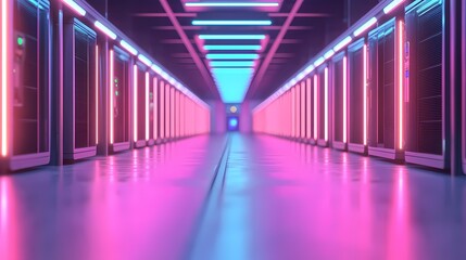 A futuristic server room illuminated with vibrant pink and blue neon lights, showcasing rows of servers in a sleek, modern design.