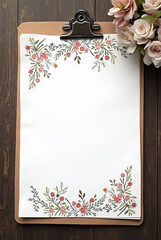 Decorative paper with floral design on clipboard, surrounded by soft pink roses on a dark wooden surface. Menu template, mockup for Valentine's Day for copy space