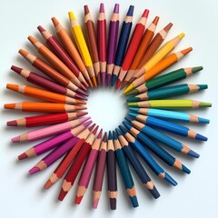 Fototapeta premium A circular arrangement of colored pencils with their tips meeting in the center, showing a gradient of colors from warm to cool, on a clean light background