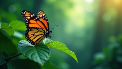 Fototapeta premium A monarch butterfly's wings blend with the misty rainforest foliage , forest, rain, colors