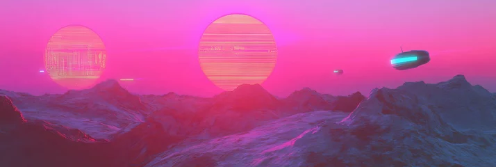 Retro futuristic landscape features golden sunset with holographic billboards and flying vehicles