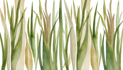 Obraz premium Watercolor background of spring grass and leaves in beige and green tones, a feeling of freshness and natural harmony.