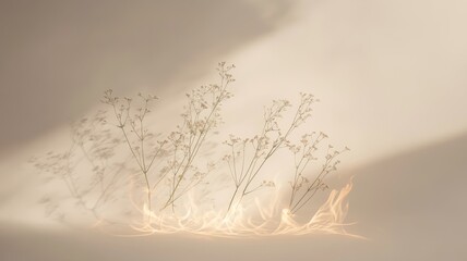 Fototapeta premium Delicate flowers illuminated by soft golden light casting gentle shadows.