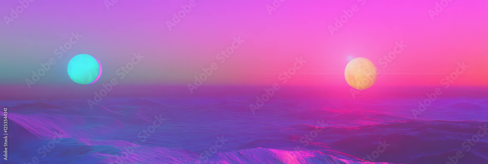 Poster retro futuristic sunset with multiple moons over a vibrant landscape