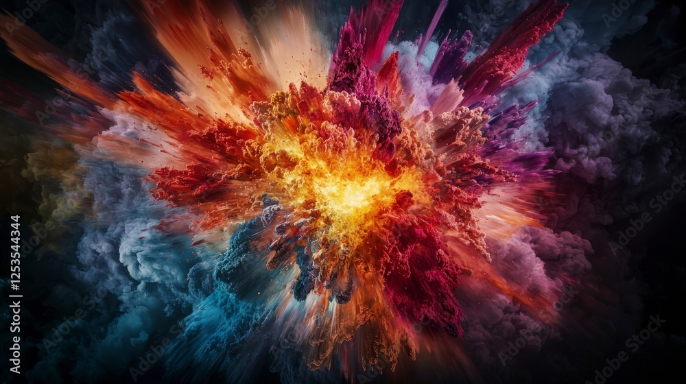 Poster Dynamic eruption of vibrant colors abstract art simulating a volcanic explosion on a dark background