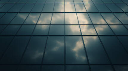 Obraz premium Sky Reflection in Glass Facade: A dramatic low-angle shot captures the abstract beauty of a modern glass building facade, where wispy clouds are reflected in the gleaming surface.